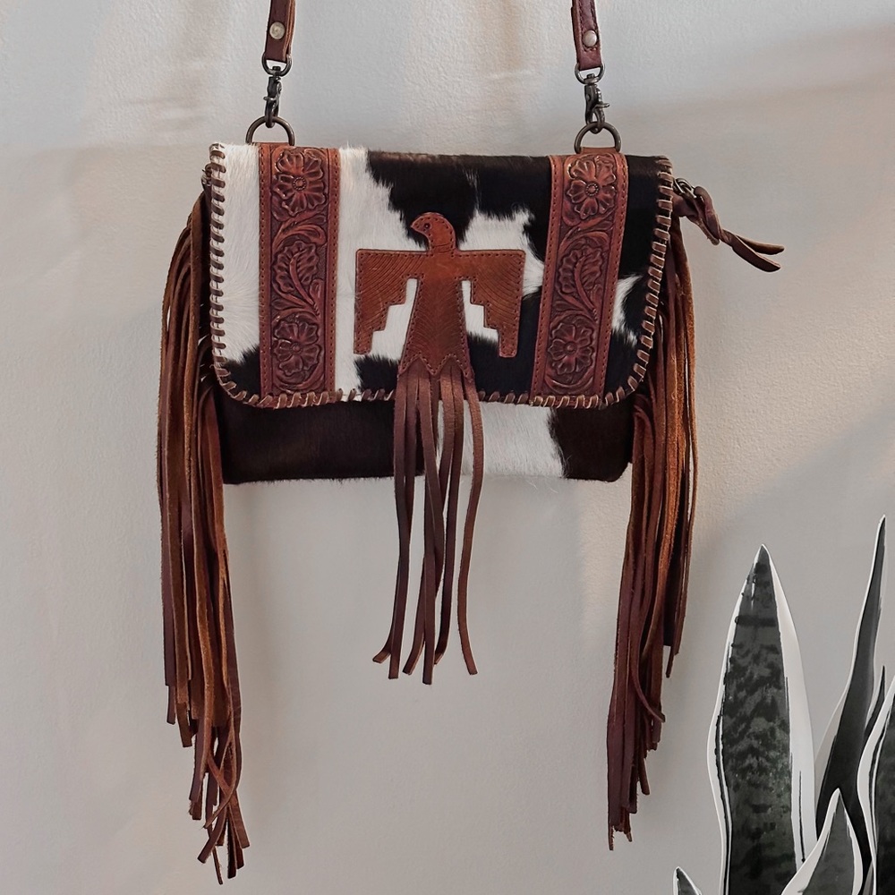 American Darling Tooled Leather Cowhide Thunderbird Fringe Flap Crossbody Bag